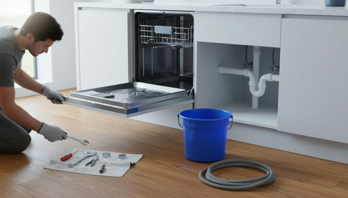 Åben opvaskemaskine med stående vand og en tekniker, der arbejder på udskiftede afløbsrør under køkkenvasken.