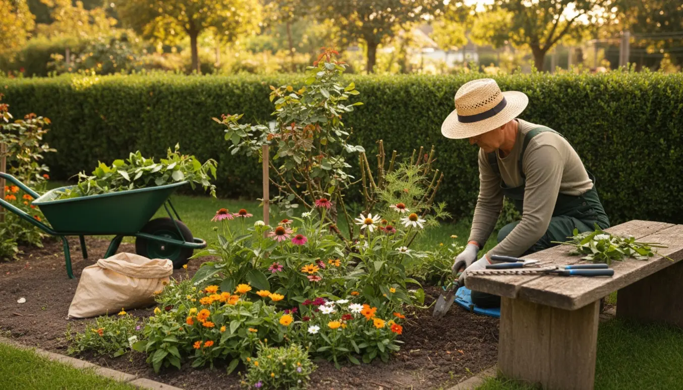 Hænder fjerner ukrudt og beskærer buske i en velplejet have.