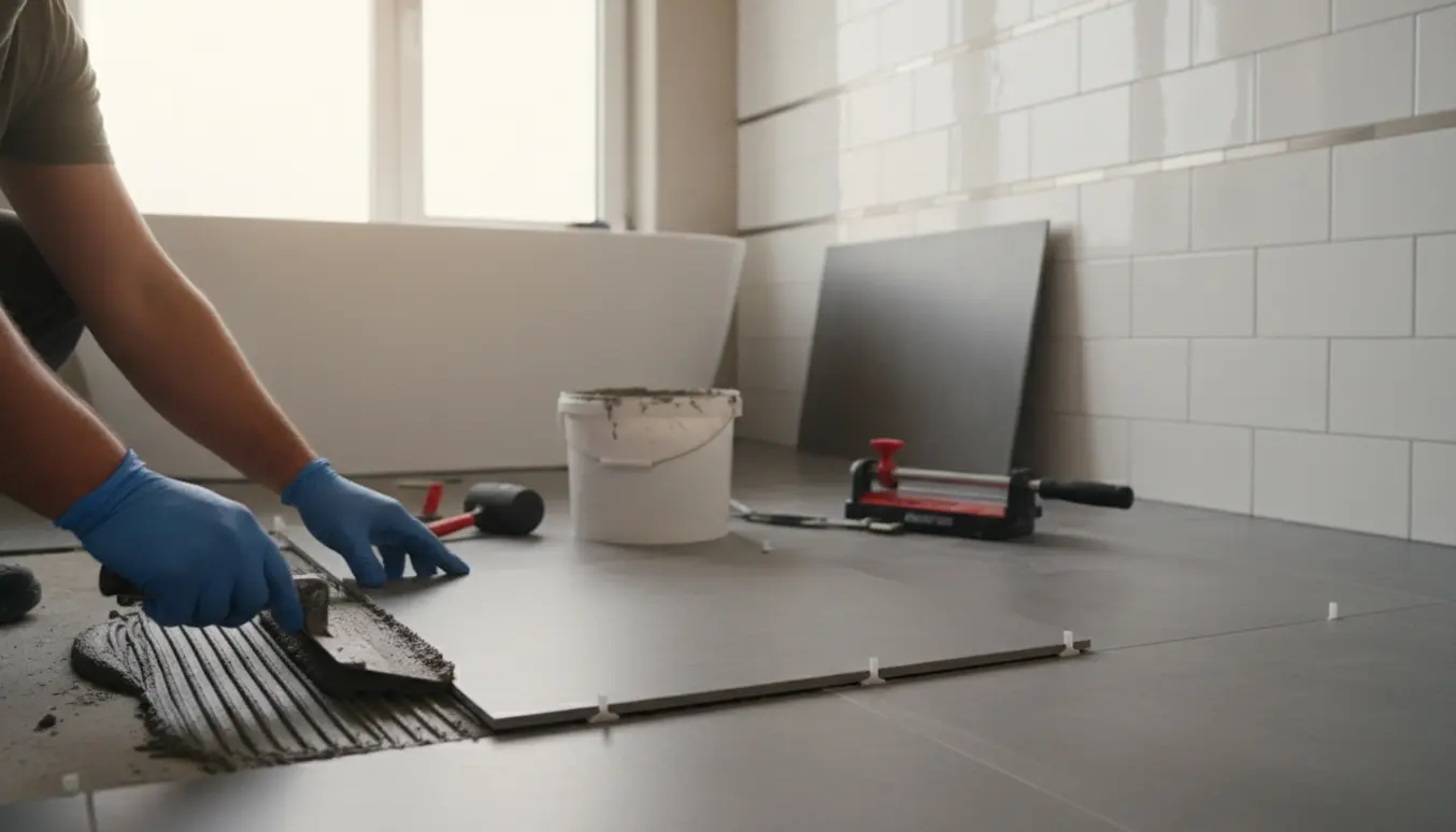 Fliselægger lægger store gulvfliser og opsætter små kvadratiske og smalle rektangulære vægklinker i et lyst badeværelse.