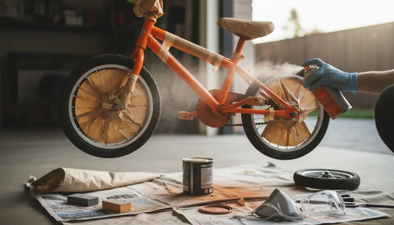 En børnecykel bliver spraymalet orange i en garage, med hænder i handsker og dækket af tape og papir.
