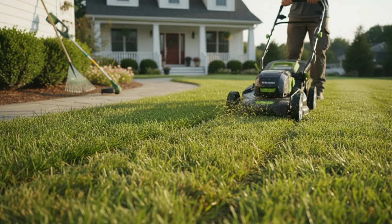 Plæneklipper skaber nyklippede striber på græsplænen foran et hus.