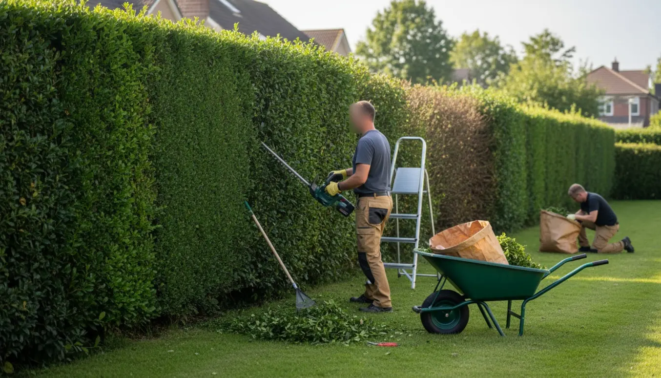 En person klipper en lang ligusterhæk i haven, med haveredskaber og fyldte poser med hækkeaffald i forgrunden.