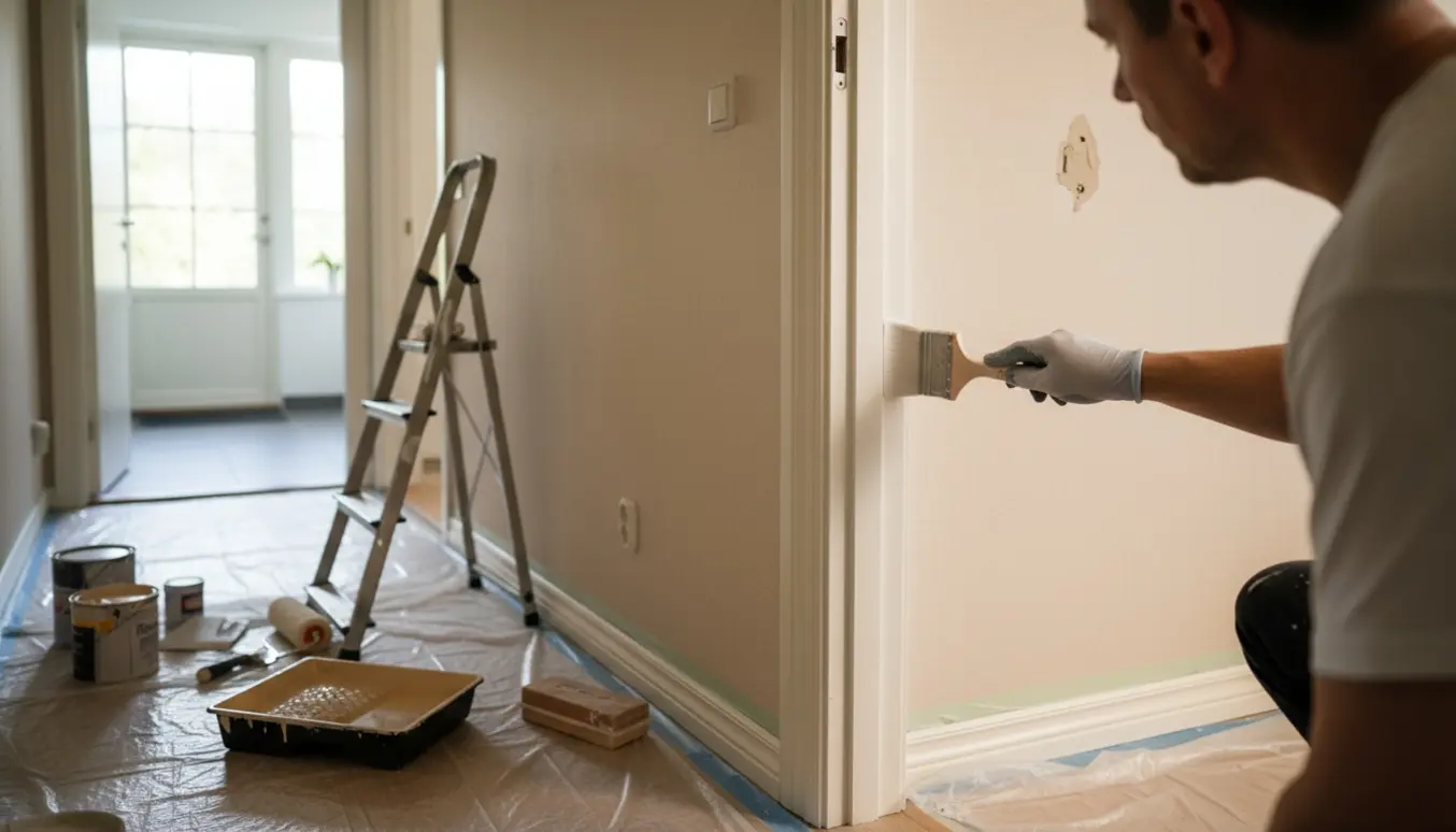 Indvendigt malerarbejde med hænder og værktøj ved loft, vægge, karme og gulvlister uden synlige ansigter.