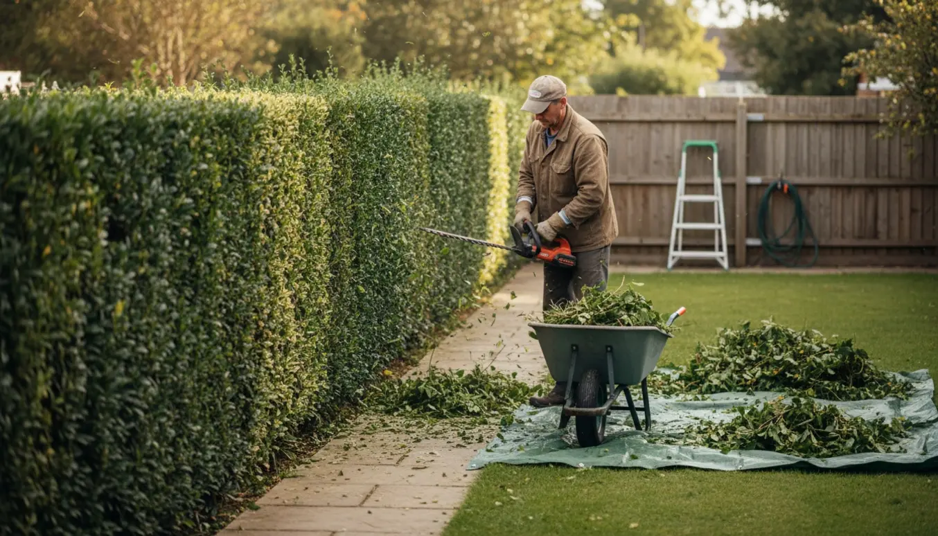 Lang hæk i en have klippes med en hækkeklipper, afklip samlet i en trillebør.