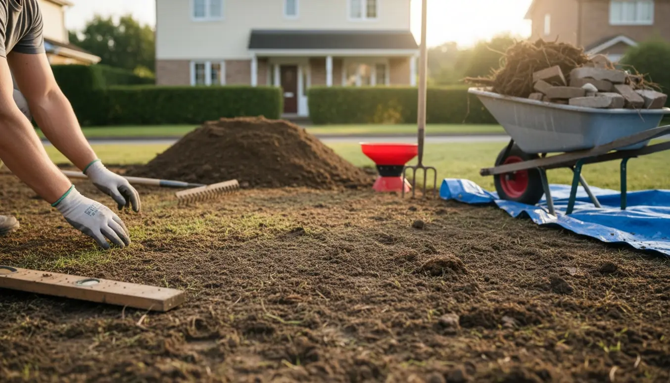 Forhave under forberedelse med fjernelse af overskydende jord, ny jord, værktøj og såning af græs.