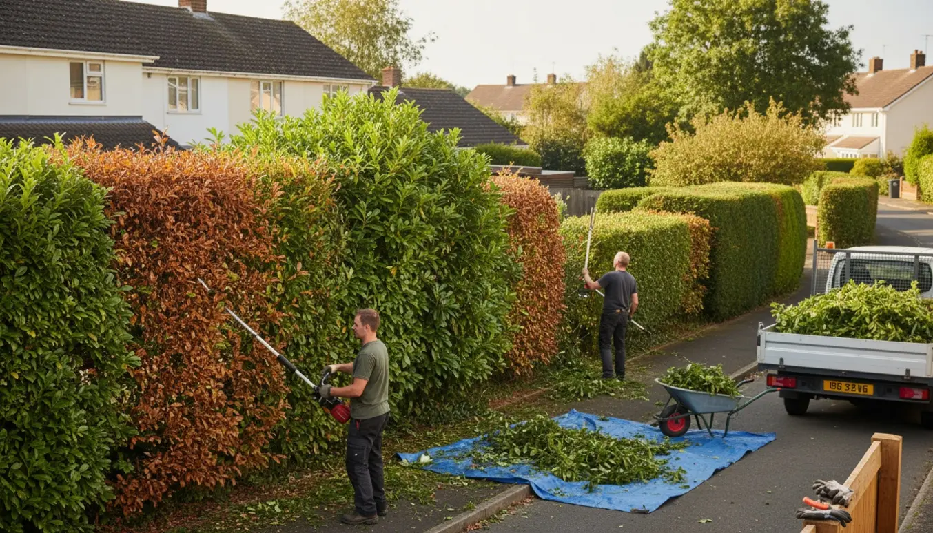 Professionelle klipper en varieret hæk rundt om en grund, med afklip samlet i trillebør og varevogn.