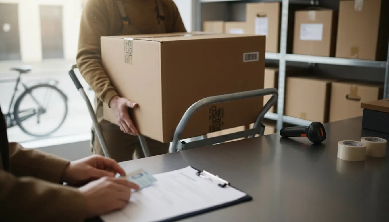 En tung pakke bliver afhentet ved en lokal postfilial, pakket på en tralle mens en fuldmagt og ID gives over disken.