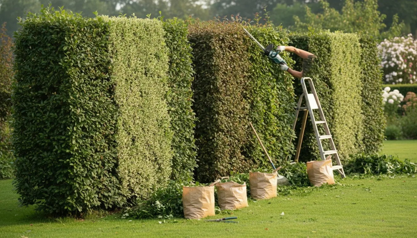 En person klipper en lang hæk med en elektrisk hækkeklipper, med sække fyldt med afklip ved siden af.
