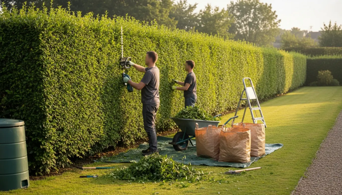 Lang ligusterhæk klippes fra begge sider, mens afklip samles i en trillebør.