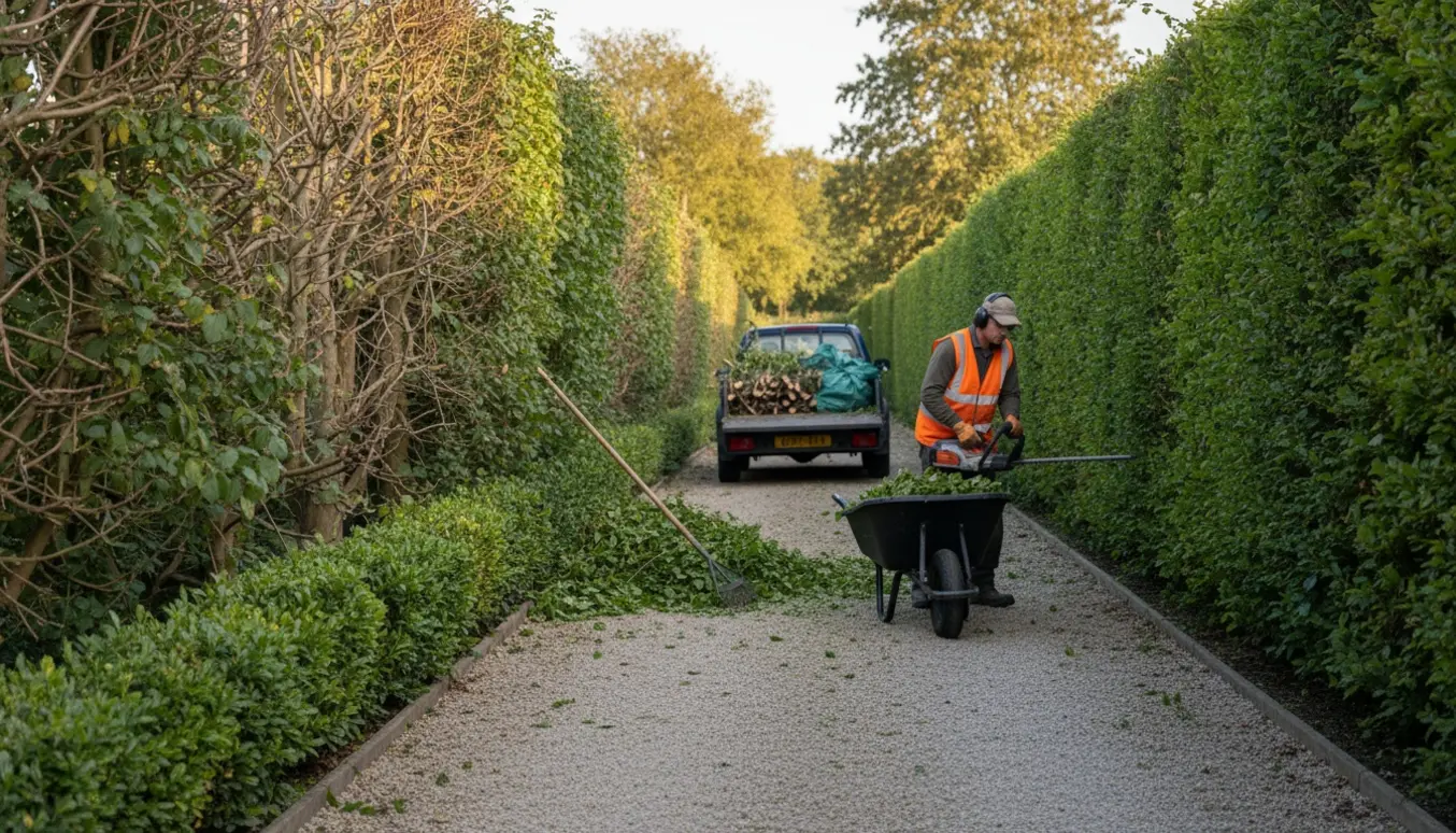Lang havegang med nysnedset bøgehæk og liguster, kviste samlet i trailer til bortkørsel.