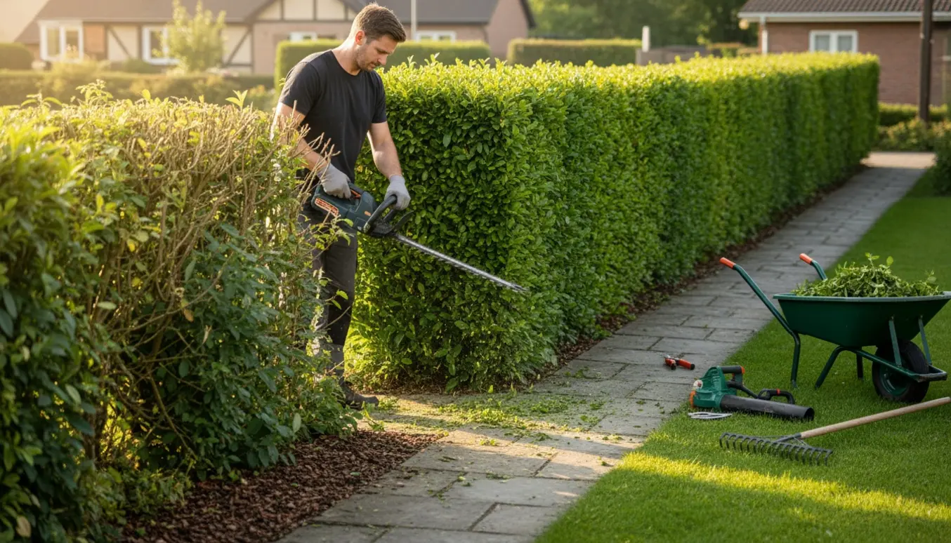 Lang hæk langs en fortov bliver klippet med elektrisk hækkeklipper, med friske klip og haveværktøj i forgrunden.