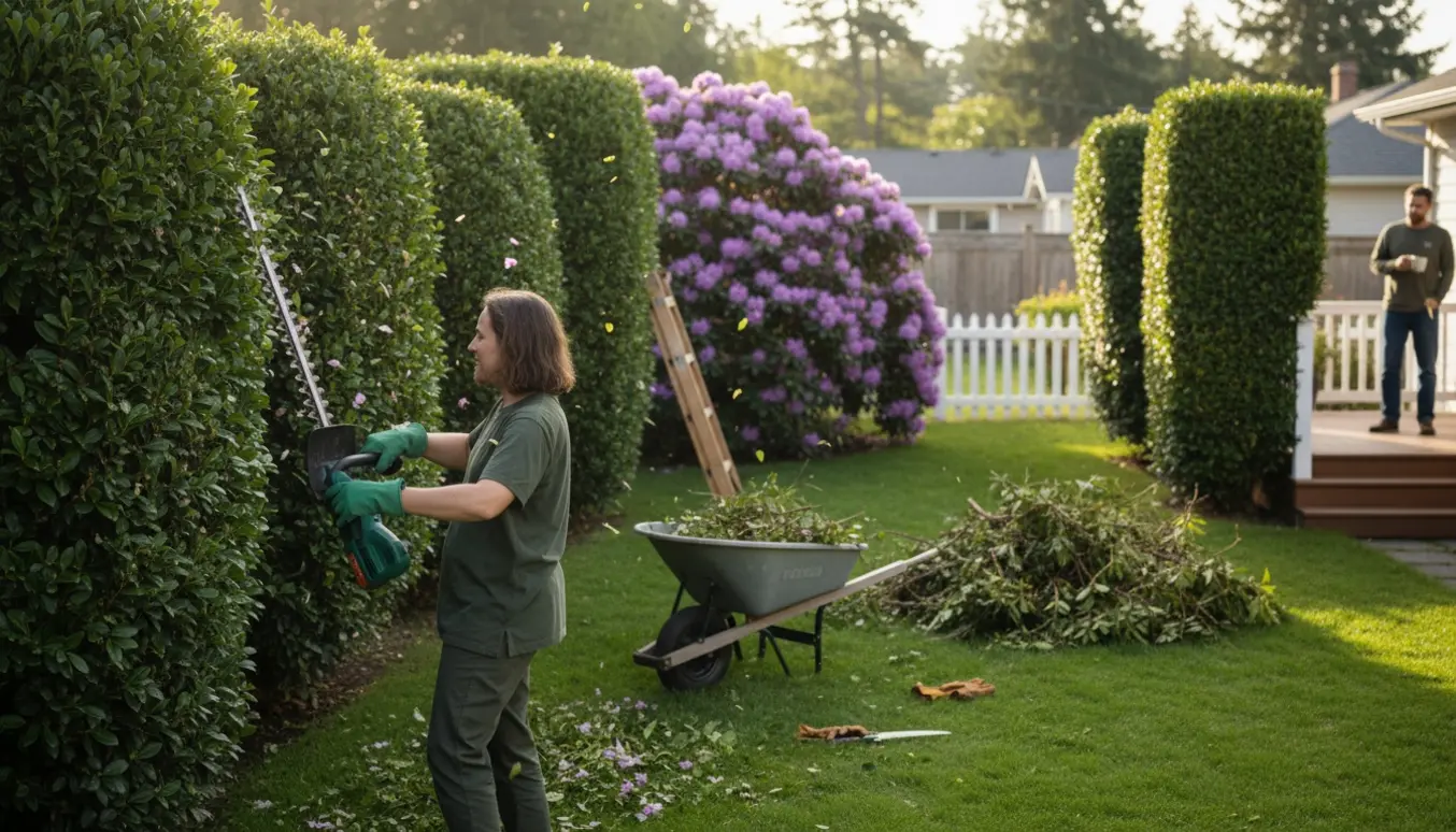 Hæk og buske bliver klippet i en have med grene og afklip samlet i en trillebør.