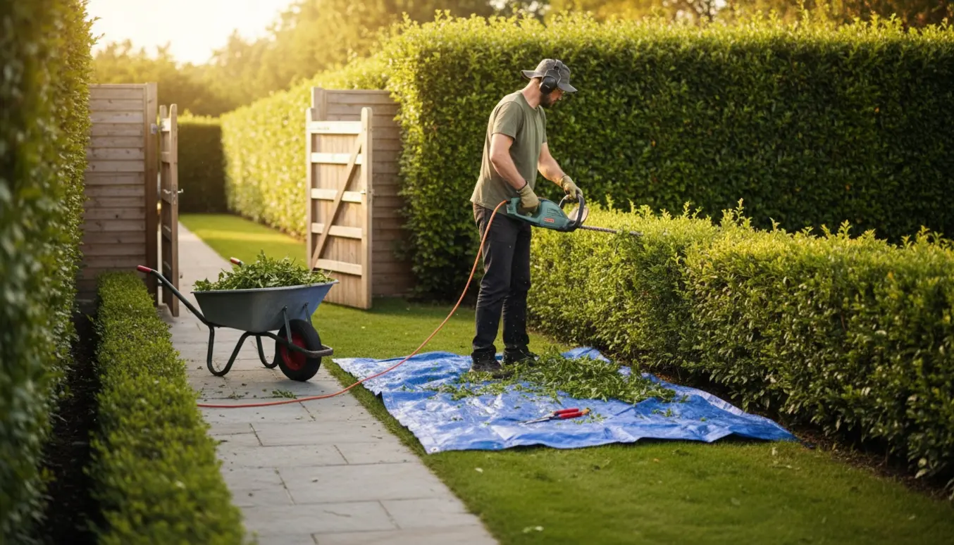 Person trimmer hækken i en for- og baghave med skårne grene på en trillebør.