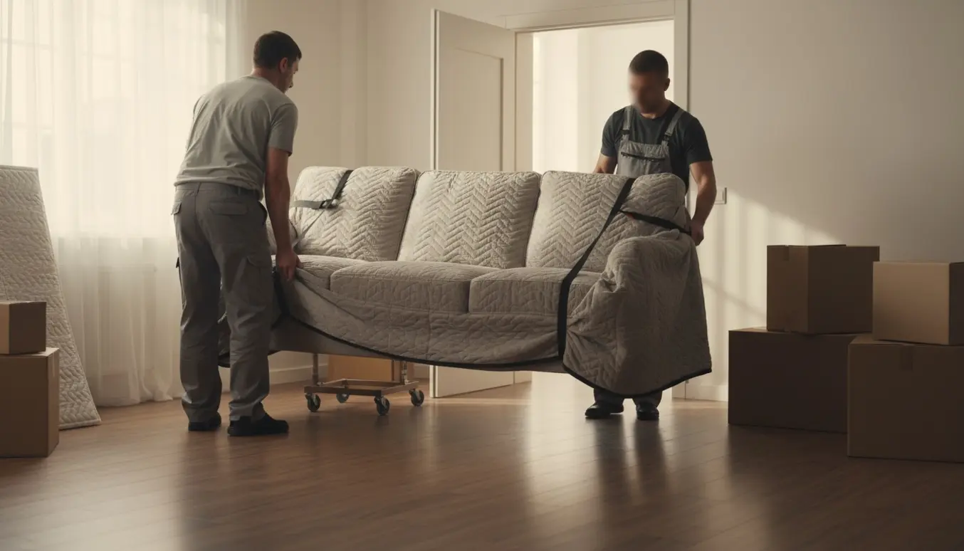 To personer bærer en trepersoners sofa gennem en lys entré med flyttetæpper og dolly.