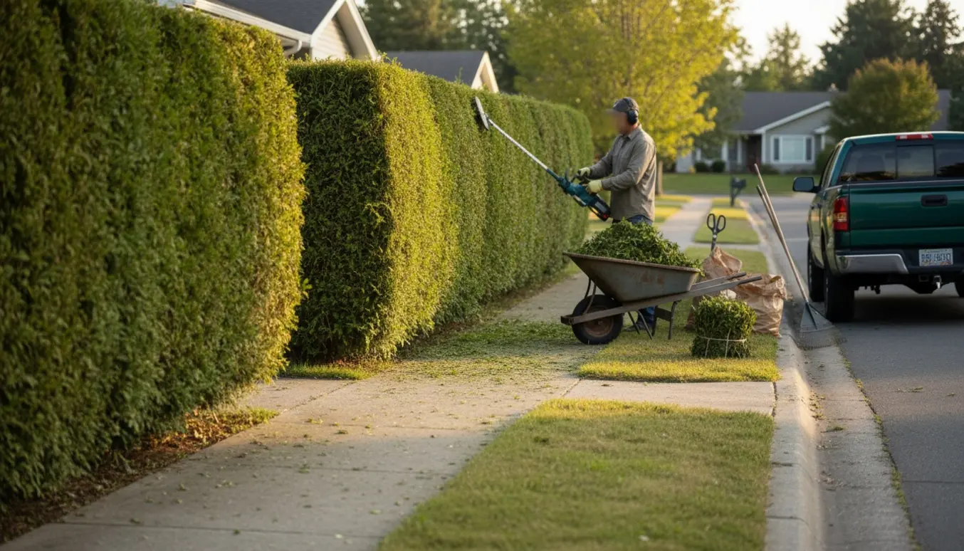 En håndværker trimmer en 1,8 m høj hæk på en hjørnegrund, mens afklip samles i trillebør og sække.