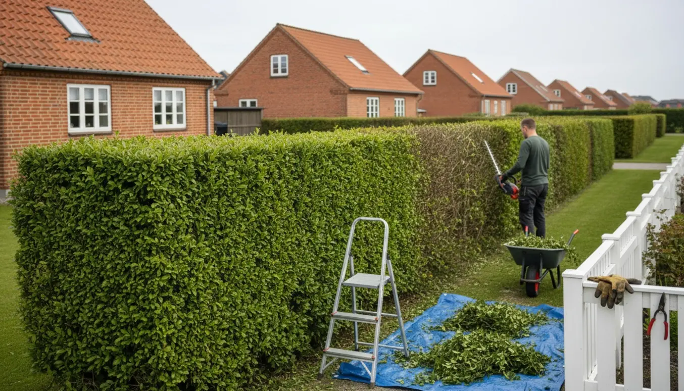 Lang ligusterhæk i Esbjerg under beskæring set bagfra med en hækkeklipper, trillebør og afklip på et tæppe.