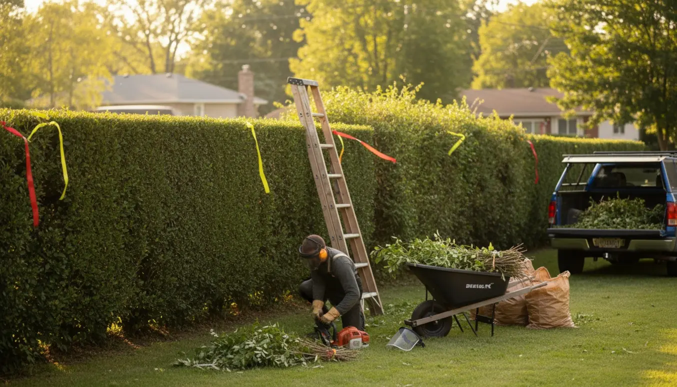 Gartner trimmer en høj hæk i sensommerlys med en nyslået, jævn top og bunker af grene klar til afhentning.