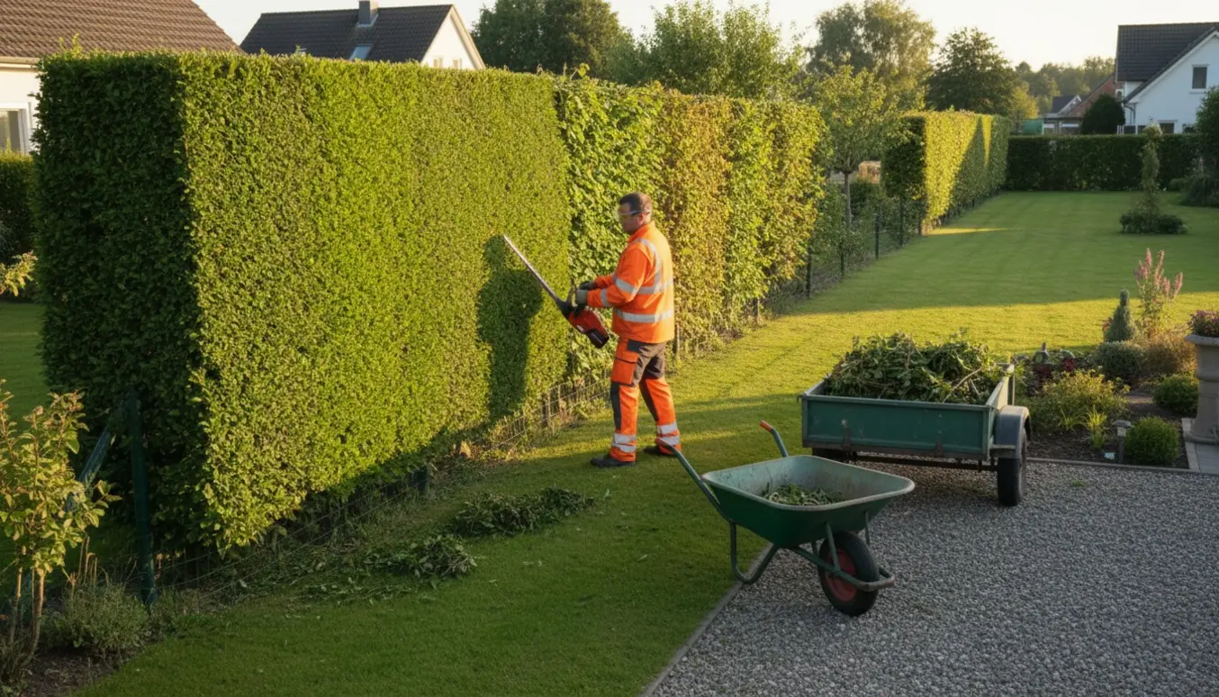 En person klipper den ene side af en lang hæk med en trillebør til afklip og et lavt trådhegn langs bunden.