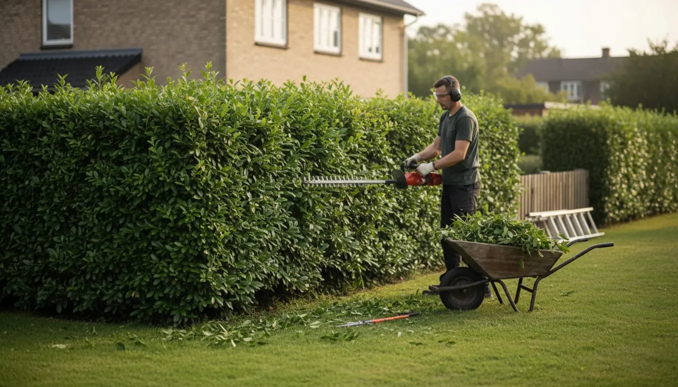 En beskærer trimmer en lang hjørnehæk i et boligkvarter med friske hækafklip i en trillebør.