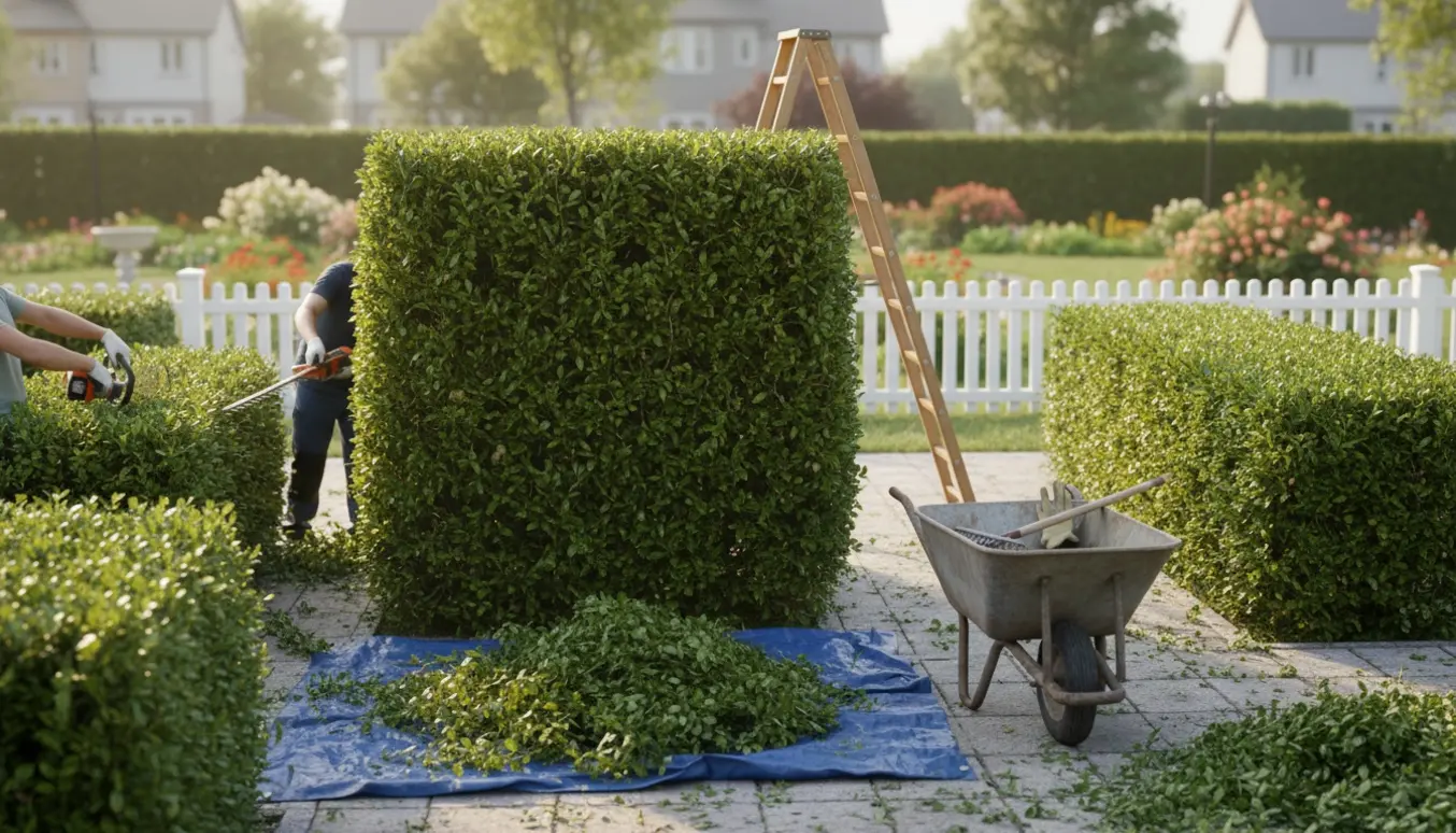 Hække klippes i en forhave med præcise snit, værktøj og afklip samlet i en skovl.