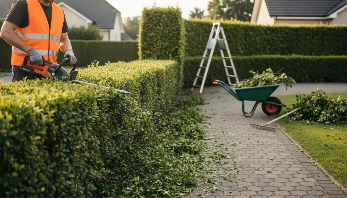 Person klipper hæk langs en indkørsel med hækkeklipper, stige og bunke nyklippede grene.