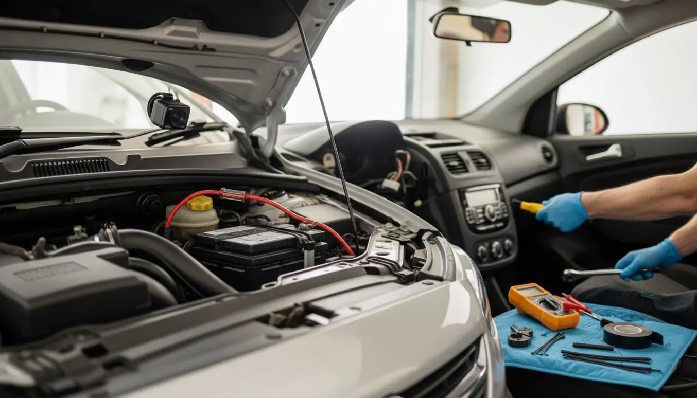 Dashcam hårdforbundet til bilbatteri i en Opel Corsa E med kabler ført gennem brandmuren og værktøj ved siden af.