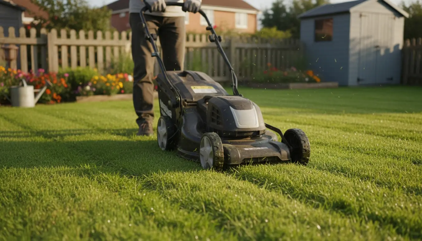 Person fra livet og ned klipper græsplæne med plæneklipper og efterlader klare striber i morgensol.