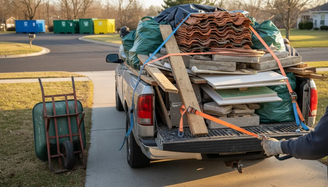 Lastet pickup med byggeaffald og værktøj klar til aflevering på genbrugspladsen.