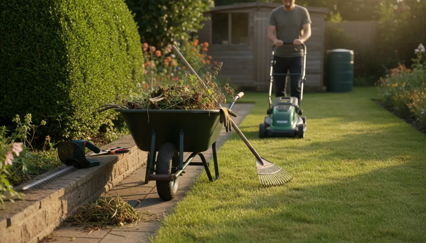 En person slår græs og rydder visne planter og ukrudt i en solrig parcelhushave.