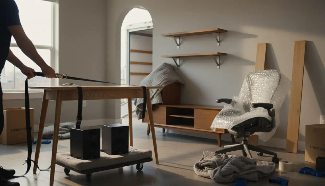 Flytning af skrivebord, stereobænk, kontorstol, højttalere og svævehylder i en lys lejlighed med pakkematerialer.