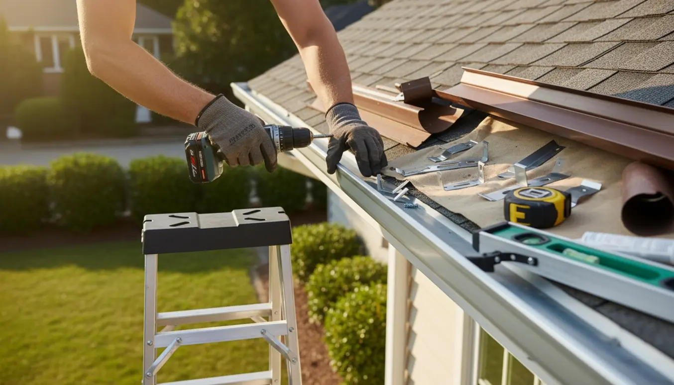 Håndværker monterer ny tagrende fra en stige med værktøj og sikkerhedsudstyr.