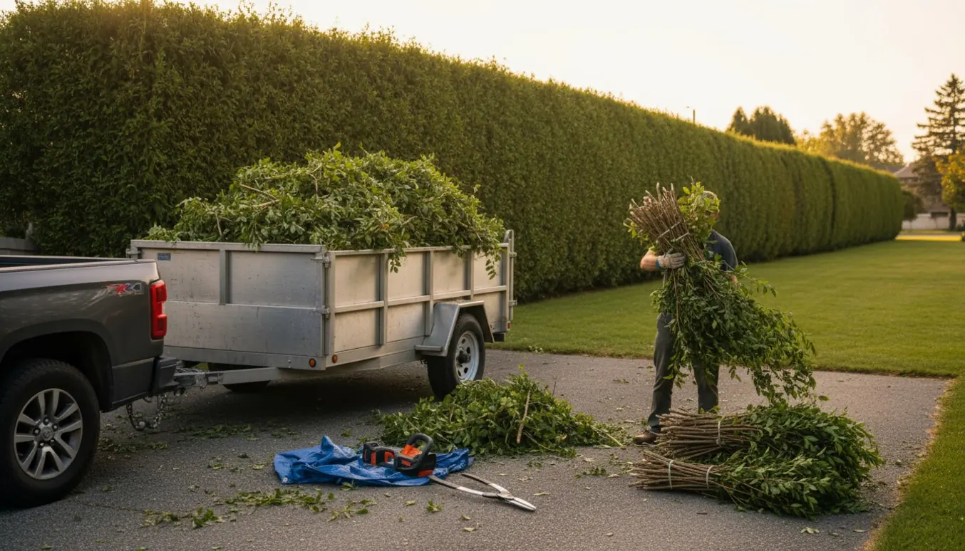 Stor trailer fyldt med nyklippede hækafklip ved en lang hæk, en person læsser grene ombord.