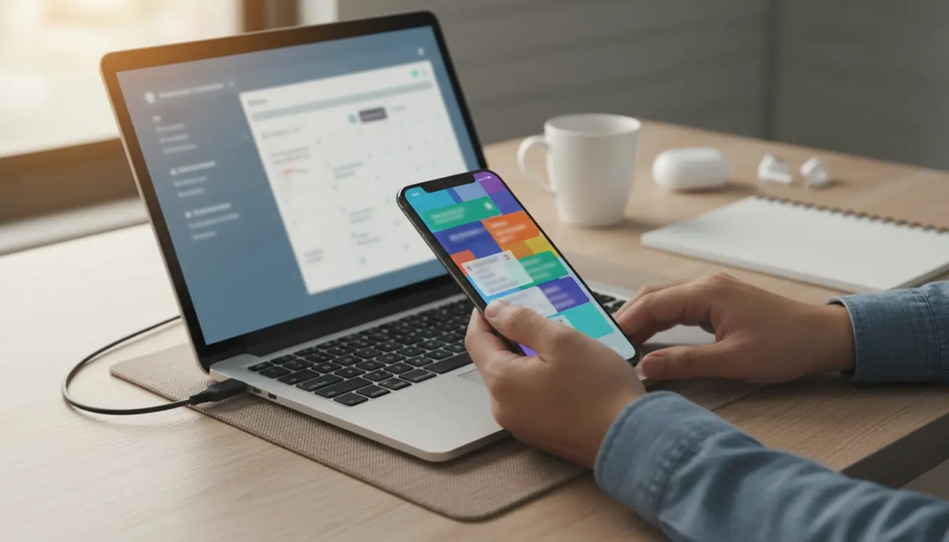 Hænder synkroniserer en Android-smartphone med en bærbar computer for at få Outlook 365 til at fungere sammen.
