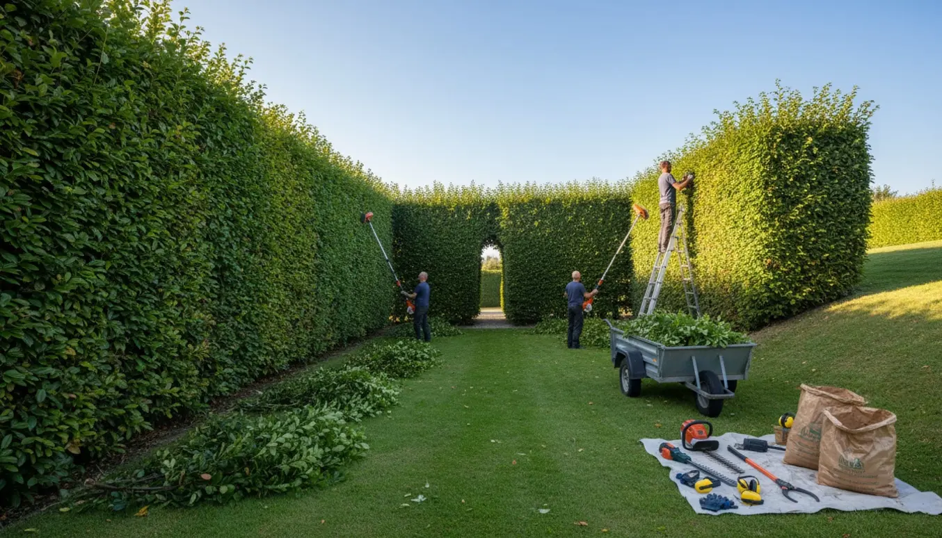 Lang hæk klippes professionelt på en skrånende grund med trillebør og samlet haveaffald klar til bortskaffelse.
