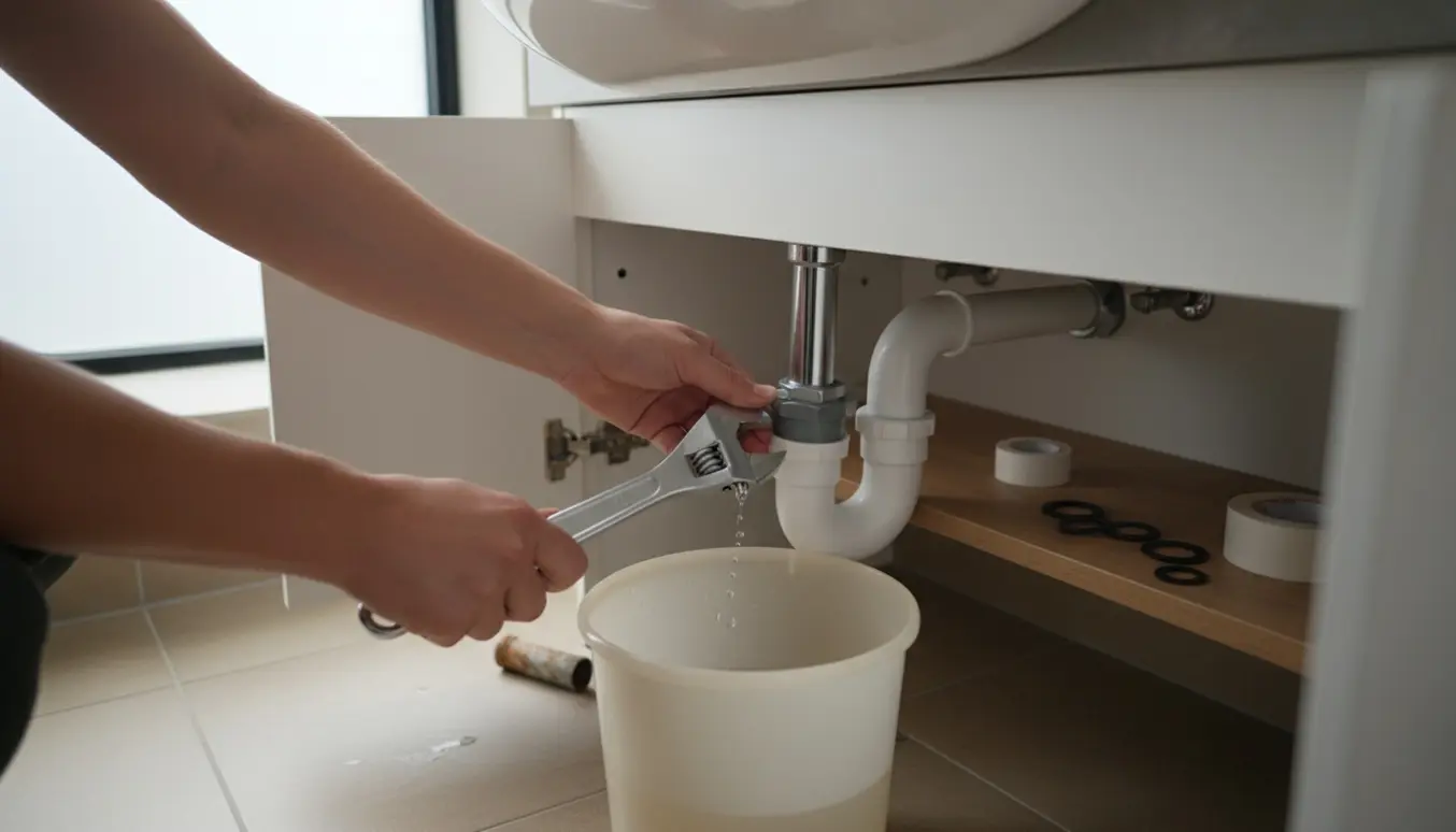 Hænder installerer en vandlås (U-bøjning) under et badeværelsesskab med værktøj og en lille spand.