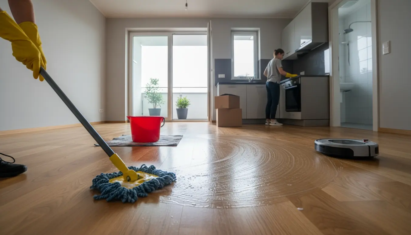 Tom lejlighed under fraflytningsrengøring med moppe, spand og lukket terrasse i baggrunden.
