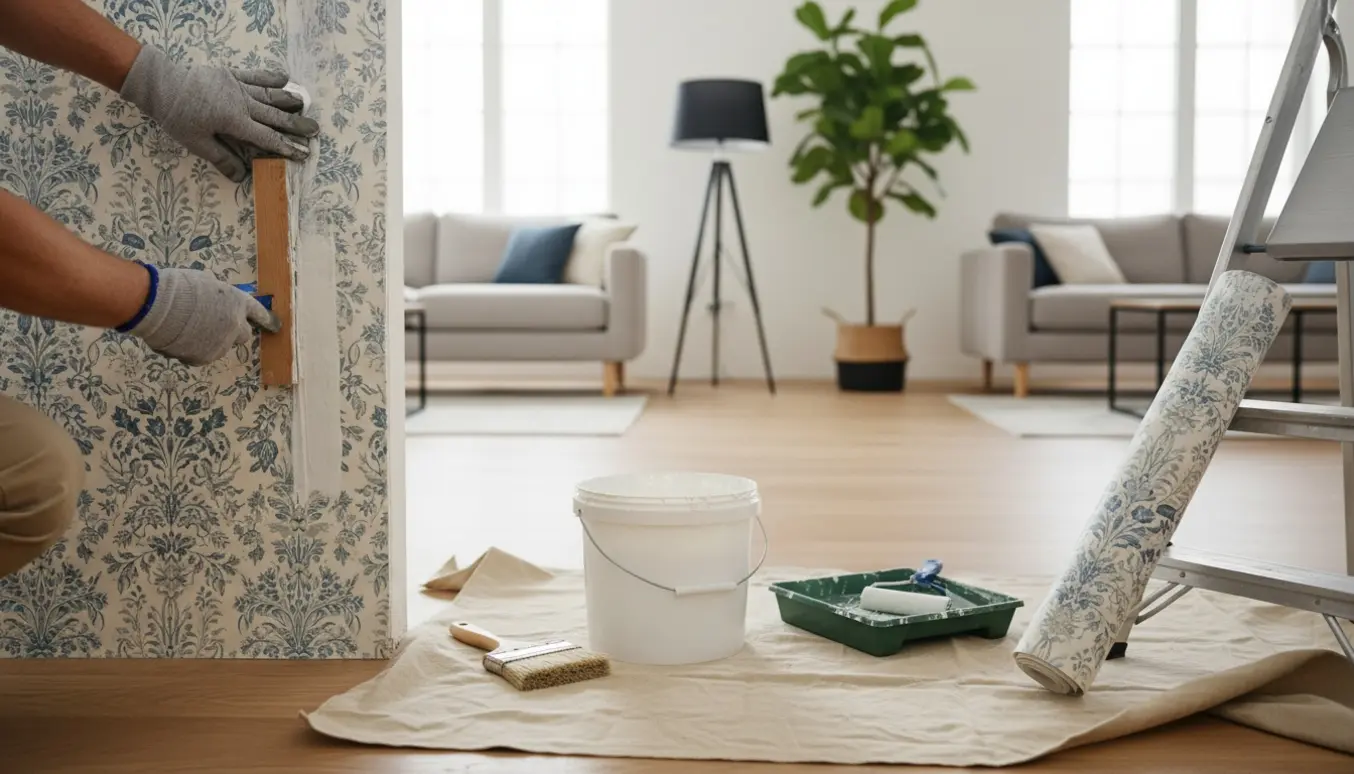 Hænder tapetserer en stuevæg med tapetlim, rulle og glatteværktøj.