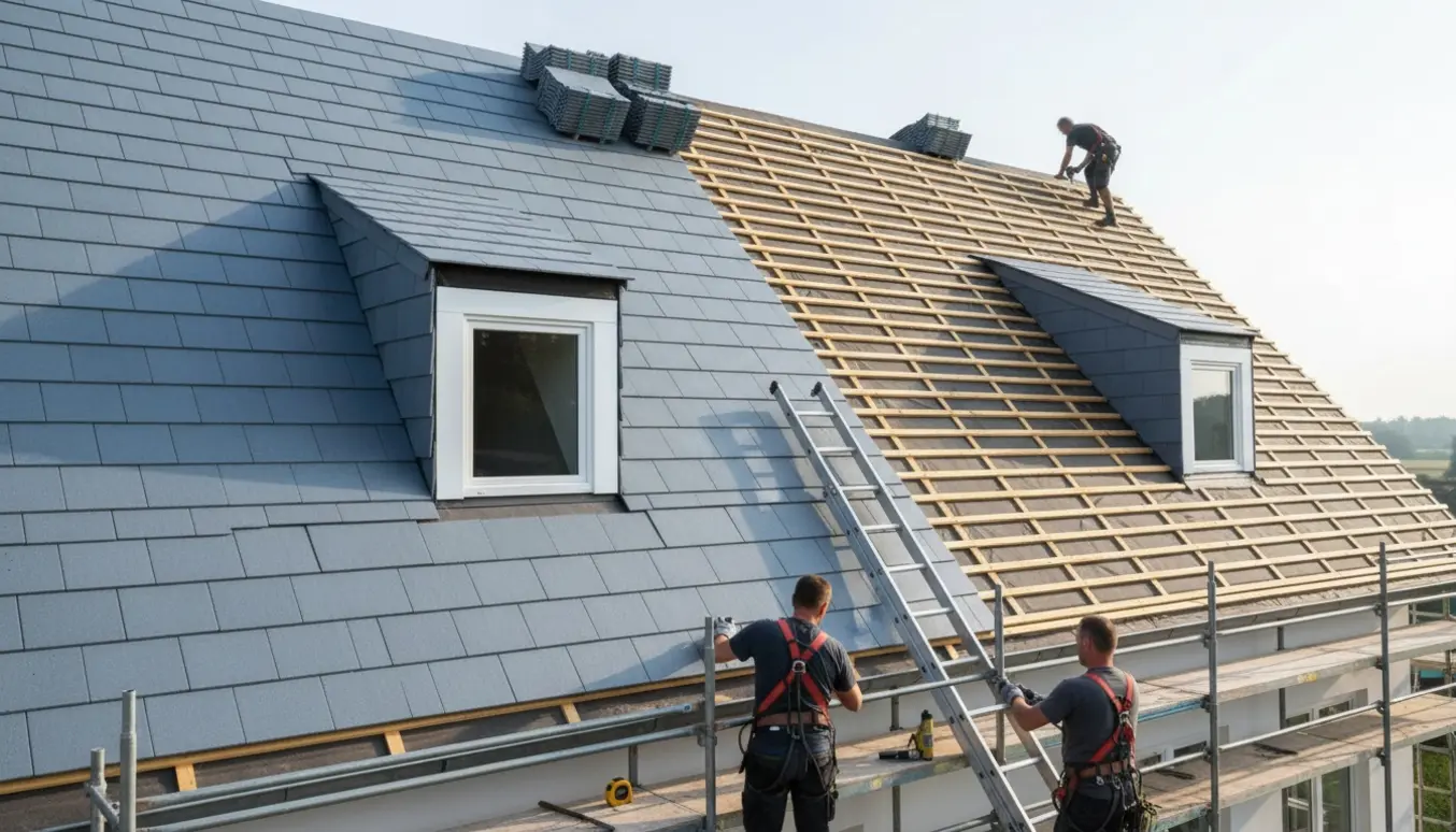 Nyt tag med B6 eternitplader på den ene side af en stor bygning med to kviste og håndværkere i arbejde.