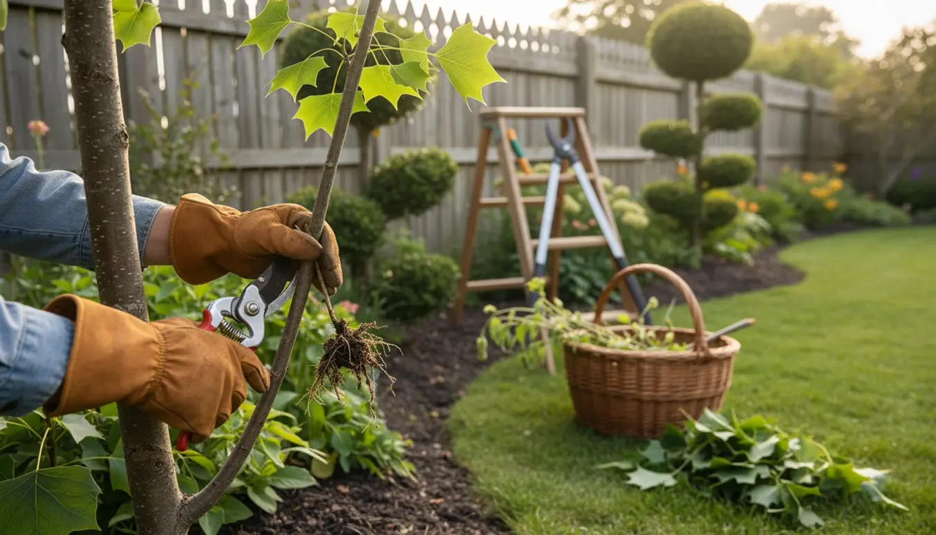 Hænder, der beskærer et tulipantræ og former buske, mens ukrudt trækkes op i en velplejet have.
