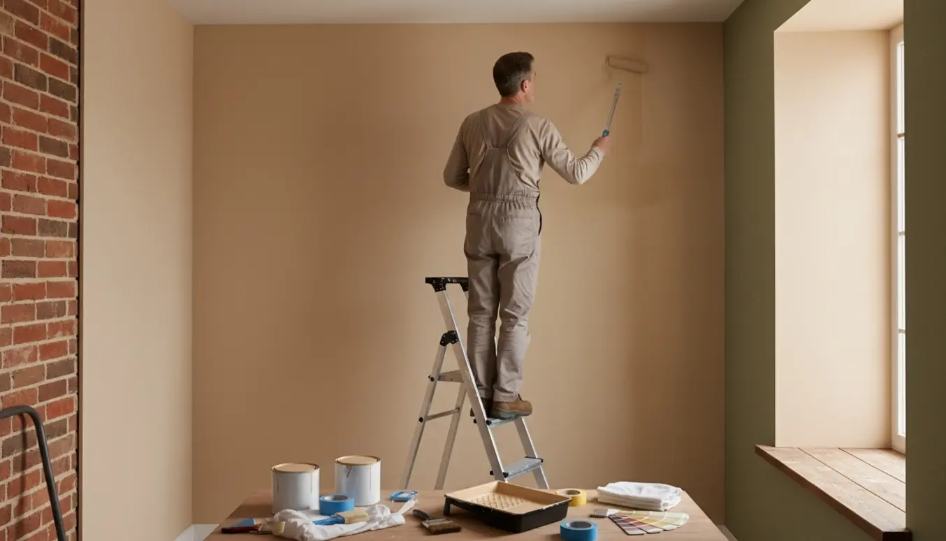 Erfaren maler maler et lille kontor med sandfarvede vægge og en grøn bagvæg, med malerbøtter og værktøj i forgrunden.