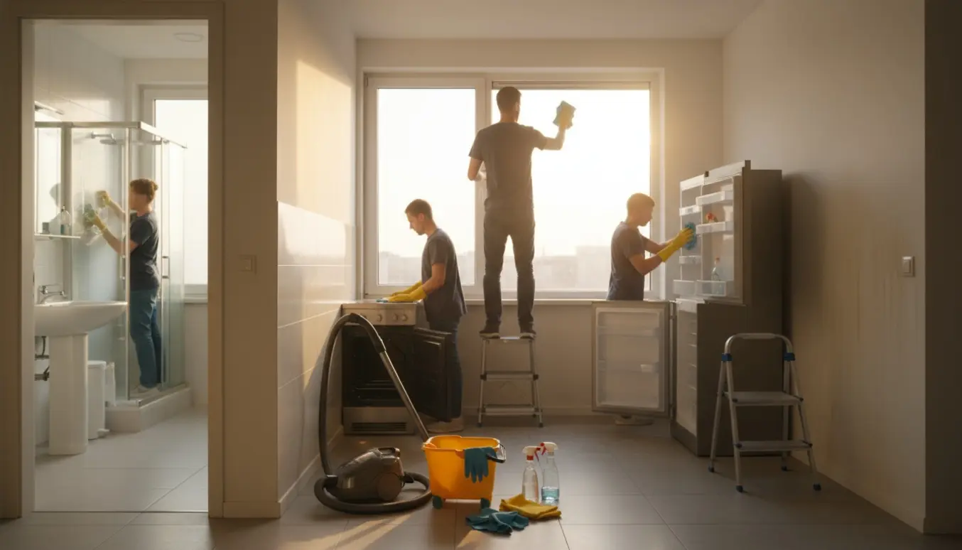Rengøringsperson i en tom, kompakt toværelses lejlighed med rengøringsudstyr i forgrunden.