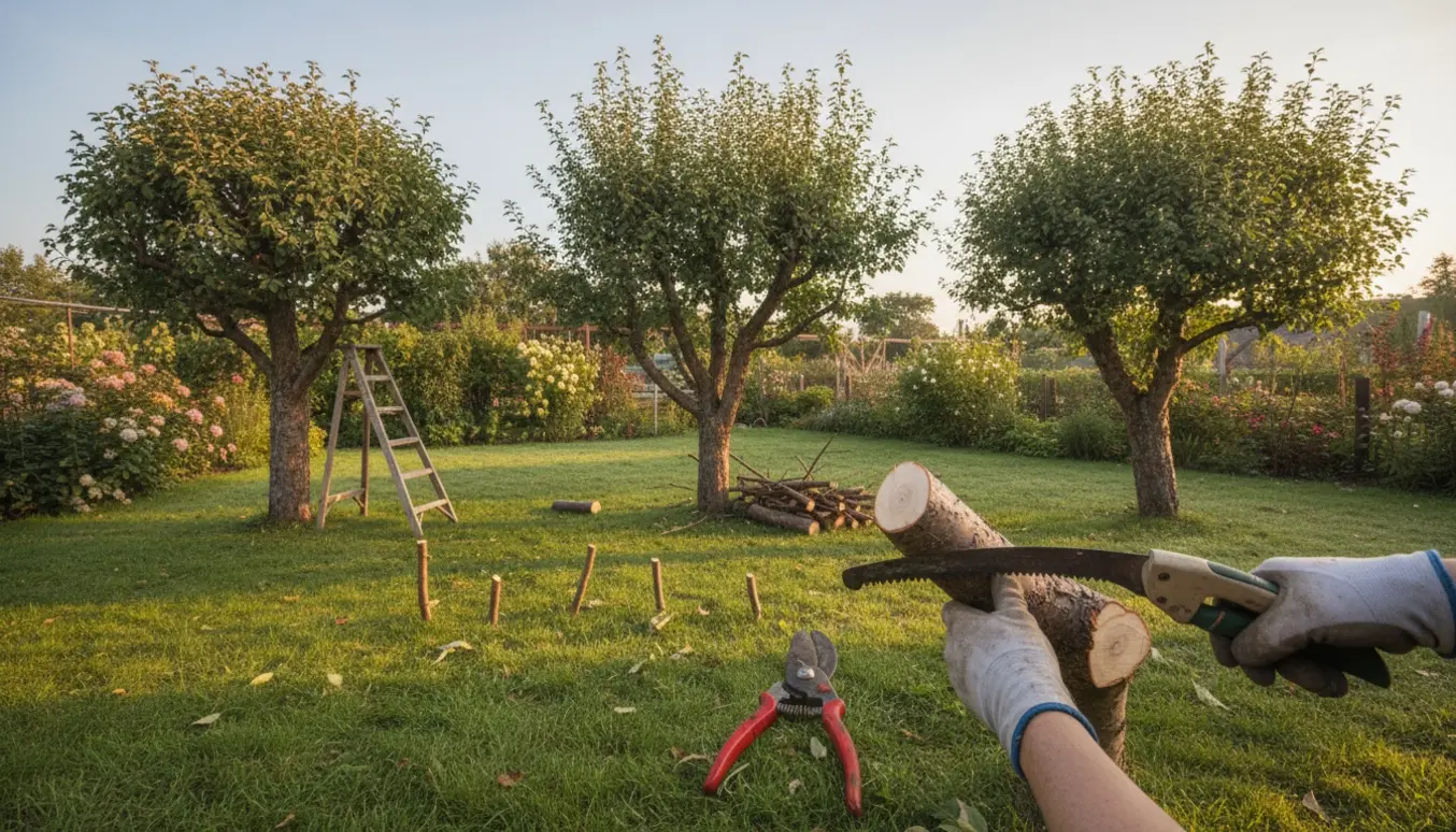 Hænder i handsker beskærer to æbletræer og et blommetræ, med afsavede grene og logs samlet ved træerne.