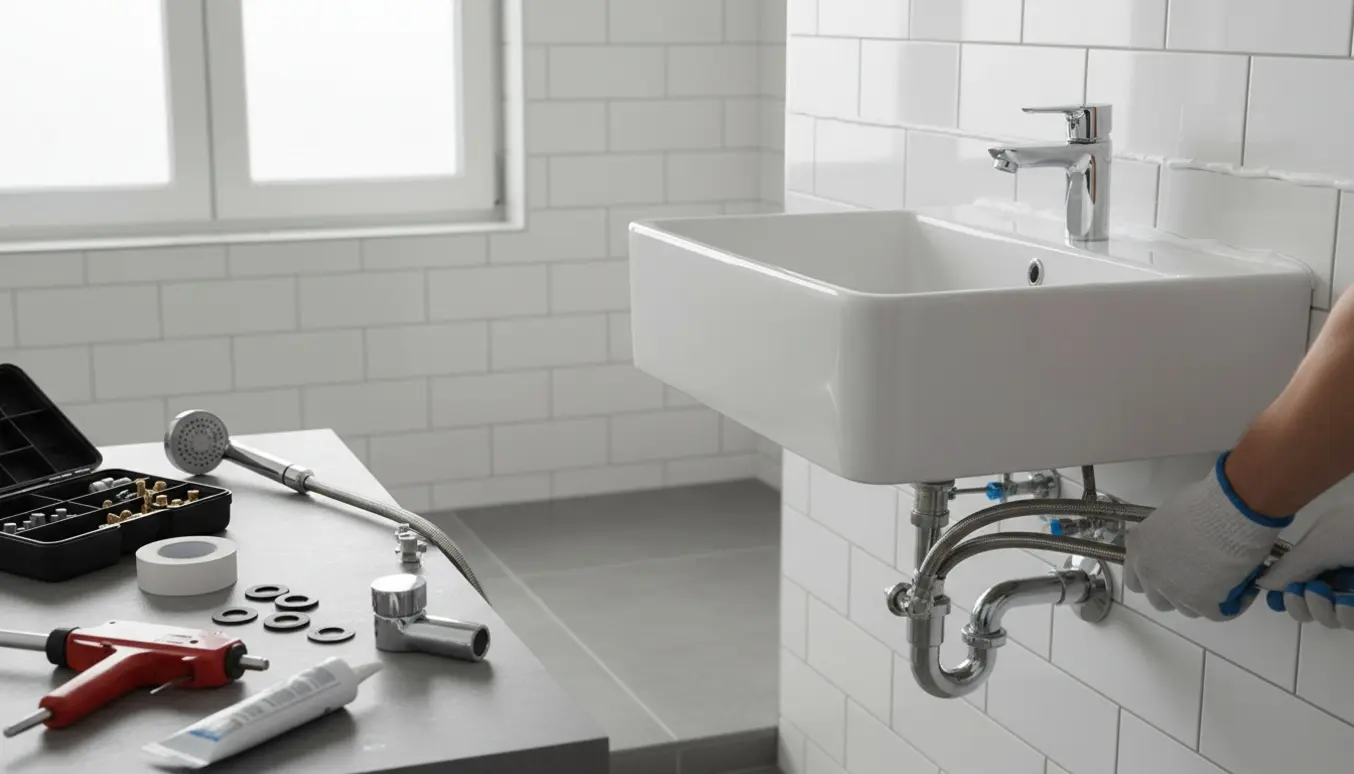 Hænder installerer en ny håndvask og bruser med værktøj og reservedele i et lyst badeværelse.