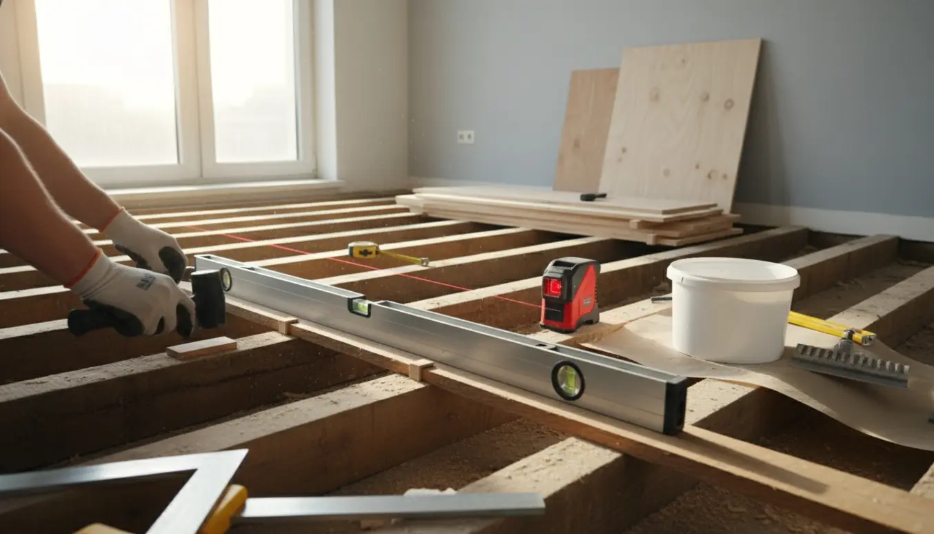 Hænder opklodser og nivellerer et nyt, tykkere gulv over et synligt gulvskelet i et lyst rum.