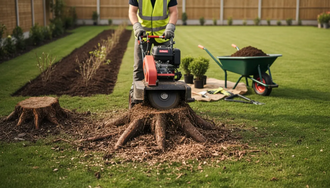 En kompakt fræser fjerner trærødder i en have, klar til plantning af en hæk.