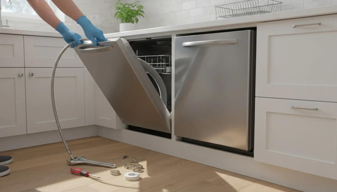 Nærbillede af hænder, der udskifter og tilslutter en opvaskemaskine i et lyst, moderne køkken.