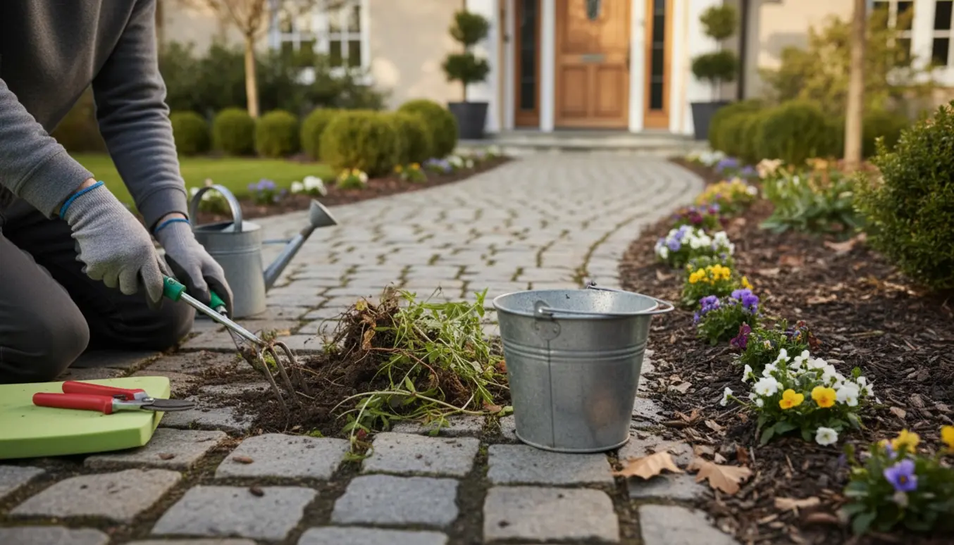 Nærbillede af hænder i handsker, der luger ukrudt mellem fliser i en forhave.