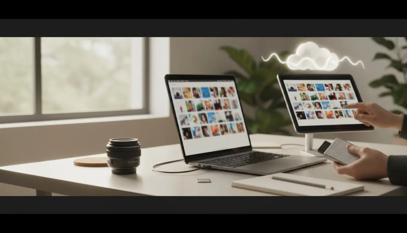 Ekstern harddisk og tablet med fotothumbnails på et skrivebord, der viser upload til skyen.
