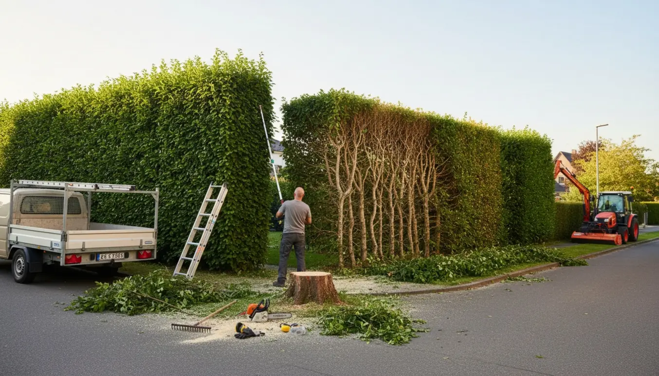 Hjørnegrunds hæk hvor toppen klippes ned med stige på trailer, hækkeklipper og motorsav klar på græsset.