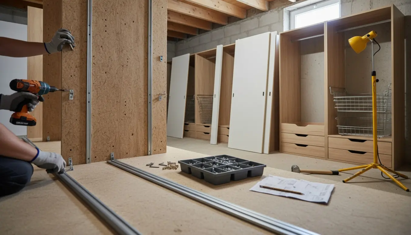 Lavloftet kælderrum med flere Pax-garderobestel under samling, hænder monterer hylder og skydedørsbeslag.